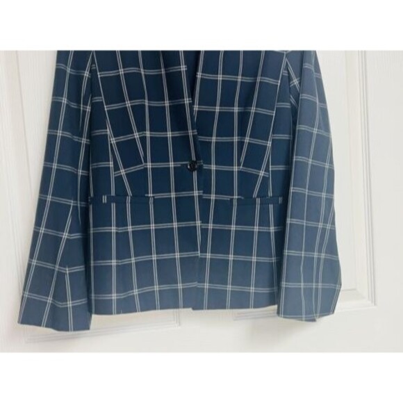Banana Republic Womens Blazer 0 Navy Blue Grid Machine Washable Bell Sleeves - Picture 4 of 9